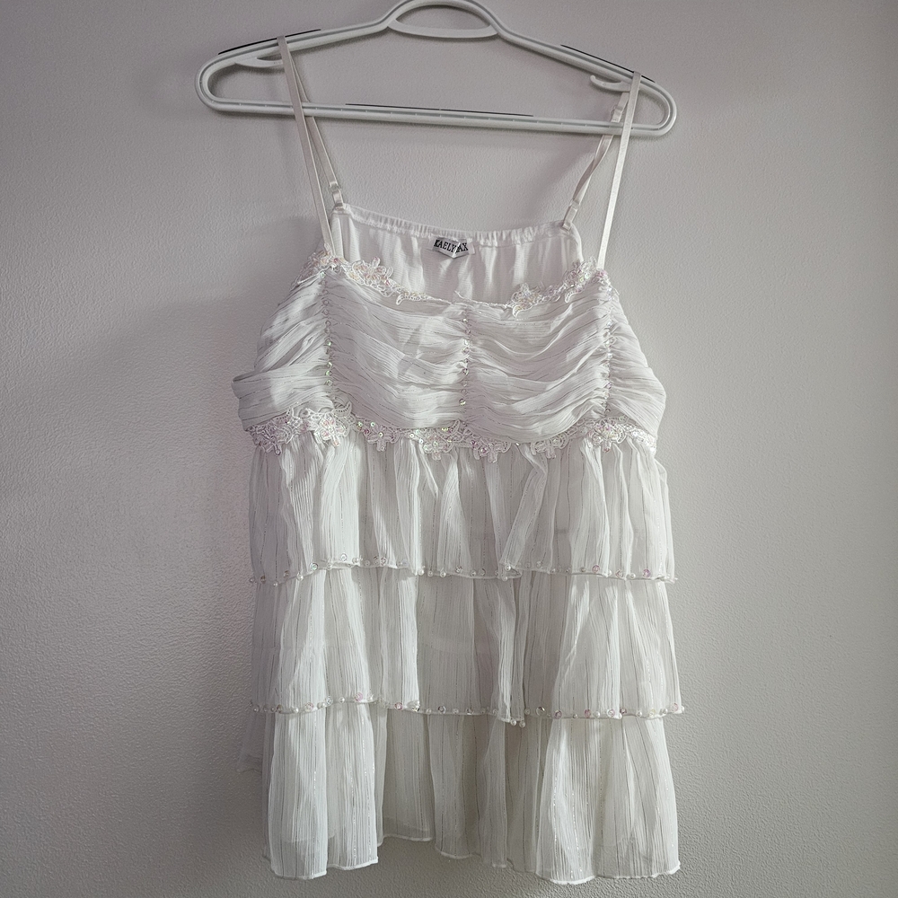 White Ruffled Camisole Top Pearl Sequin Lace Fairy Boho Whimsigoth Coastal Y2K